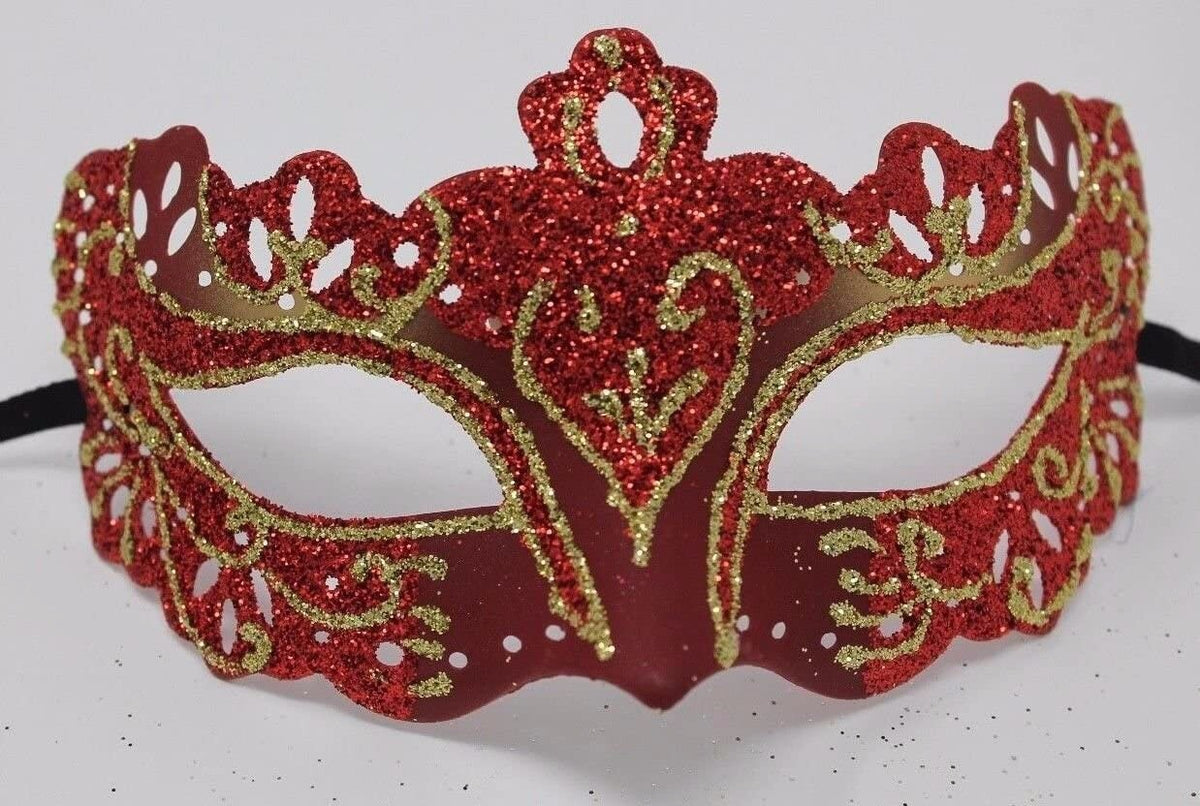 SPARKLING RED WHITE & GOLD SIDE FEATHER VENETIAN MASQUERADE PARTY BALL EYE MASK