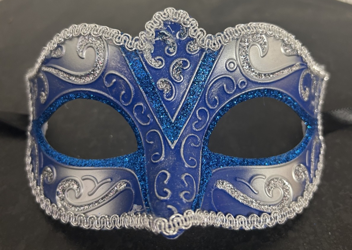 LADIES SILVER & BLUE VENETIAN CARNIVAL MASQUERADE PARTY EYE BALL MASK RIBBON TIE