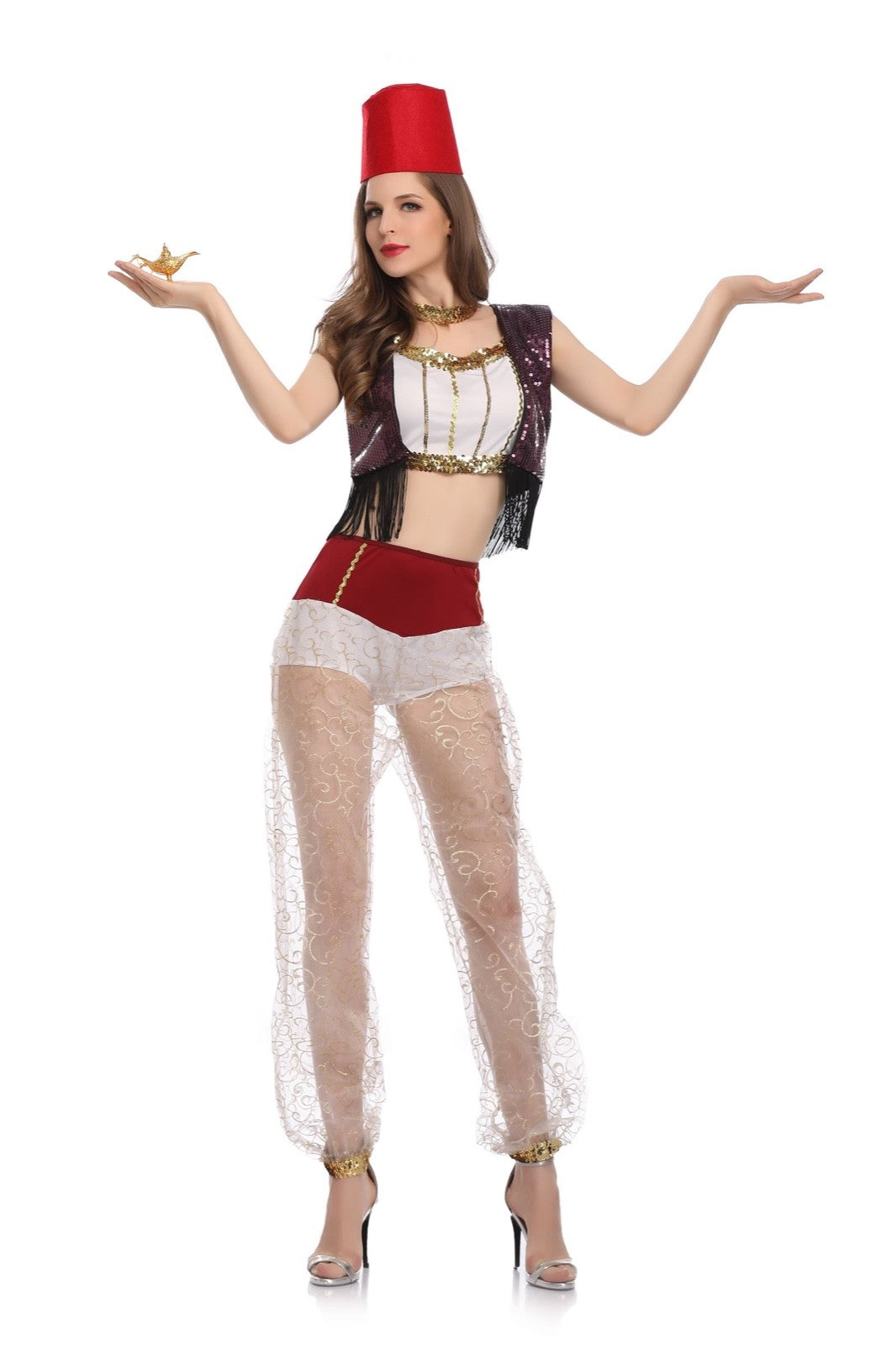 5 Piece Arabian Nights Belly Dancing Harem Bra Pants Waistcoat & Fez Size 8-12