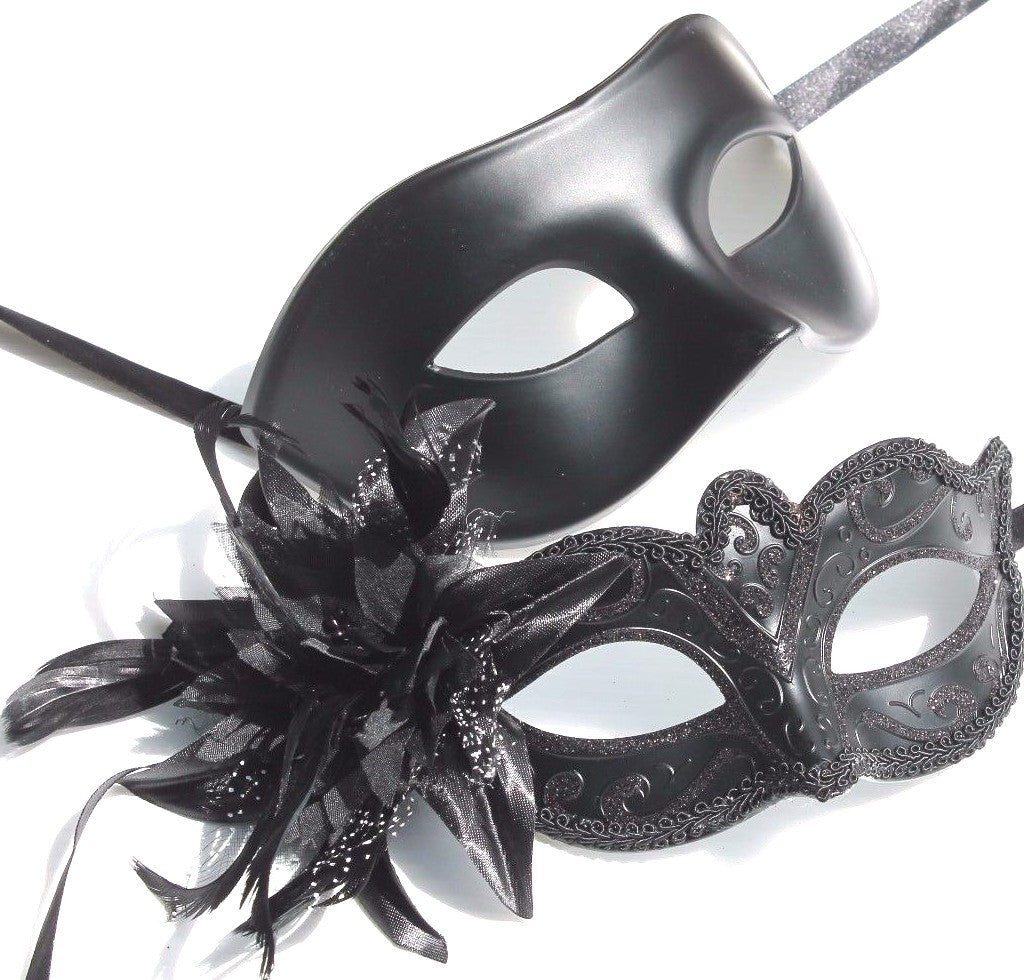 HIS N HERS PAIR COUPLES CO-ORDINATED BLACK VENETIAN MASQUERADE PARTY EYE MASKS
