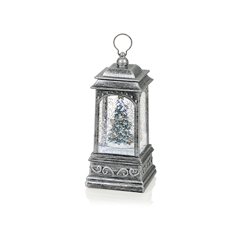 Christmas LED Rustic Silver Water Spinner Glitter Snow Globe Robin Lantern 21cm