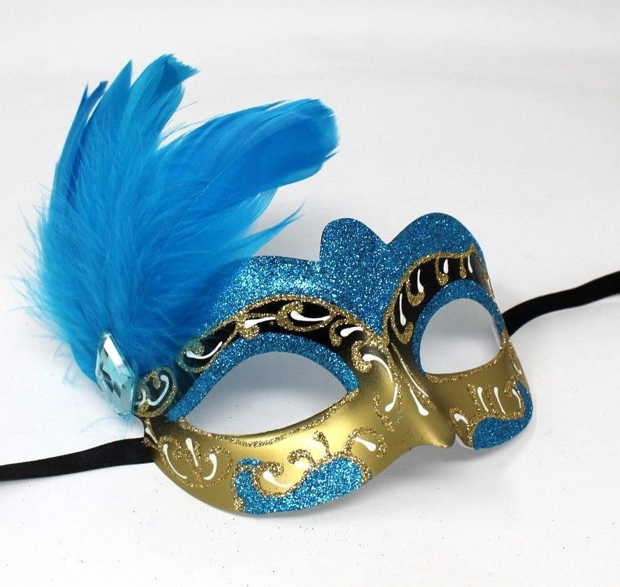 TURQUOISE BLUE & GOLD FEATHER  VENETIAN MASQUERADE BALL CARNIVAL PARTY EYE MASK