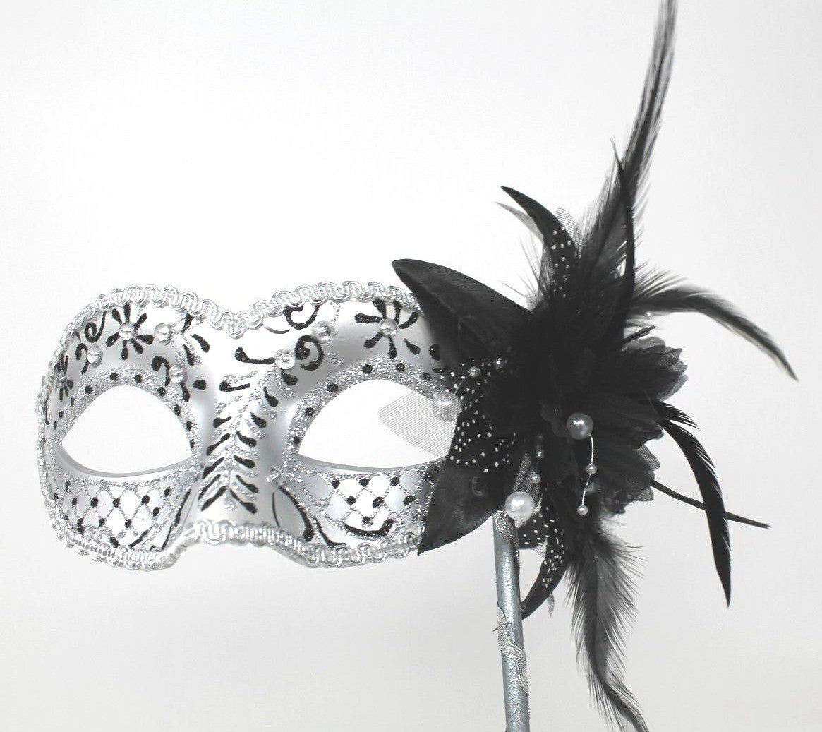BLACK & SILVER JEWELS VENETIAN MASQUERADE PARTY PROM  MASK ON A HAND HELD STICK