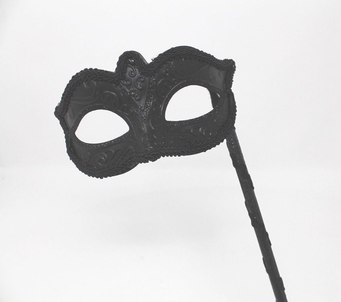 Midnight BLACK Venetian Masquerade Ball Carnival Face Mask on A HAND HELD STICK