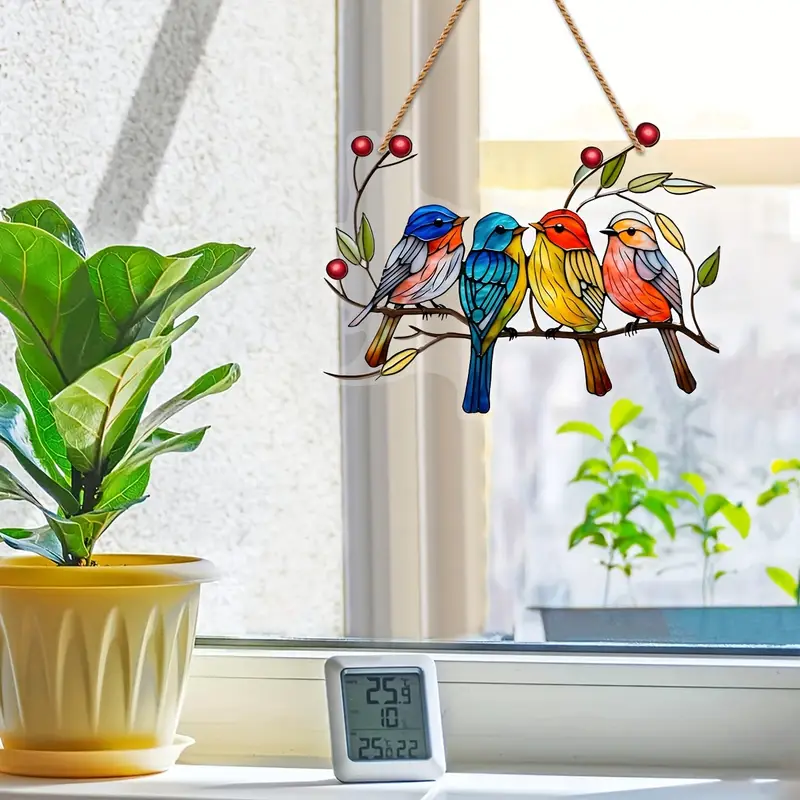 Acrylic Hanging Garden Suncatcher Birds on a Branch 15cm wide on a Hessian Rope