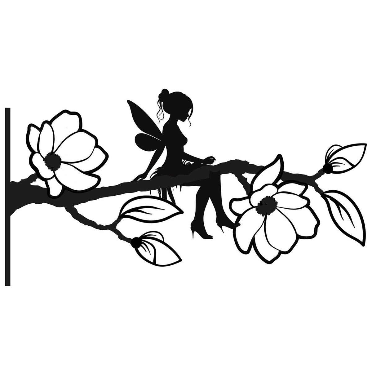 Black Metal Fairy on a Branch Tree Silhouette 25cm Long Garden Ornament