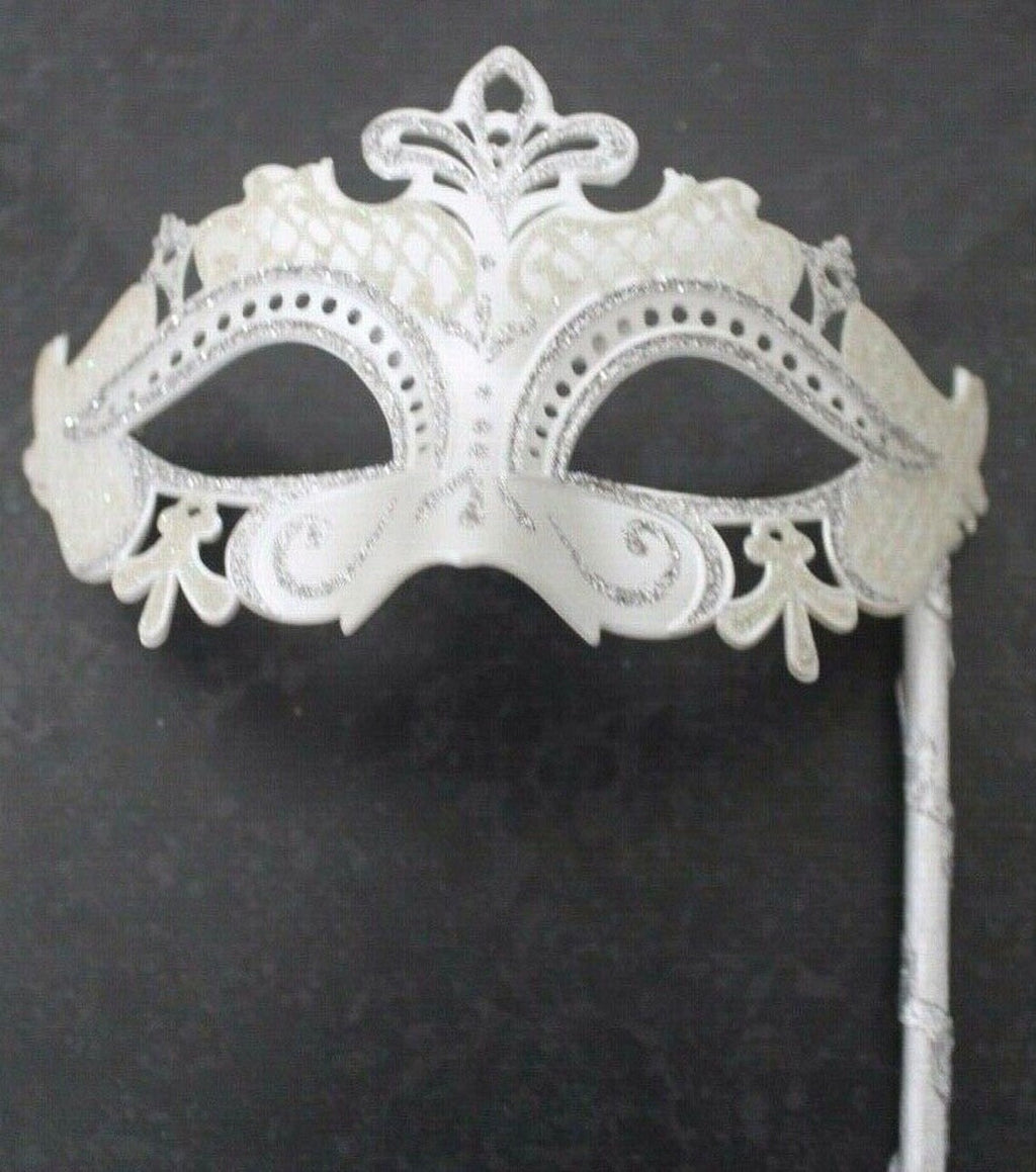 SILVER WHITE RIALTO VENETIAN CARNIVAL MASQUERADE PARTY EYE BALL MASK ON A STICK