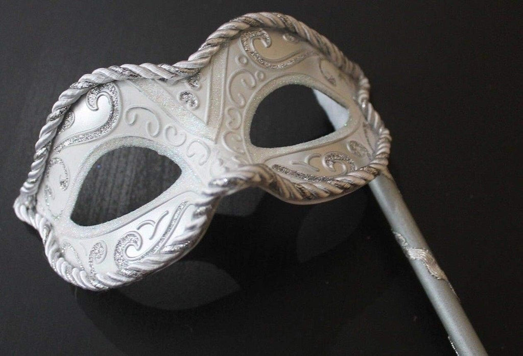 SILVER WHITE BRAIDED VENETIAN CARNIVAL MASQUERADE PARTY EYE BALL MASK ON A STICK