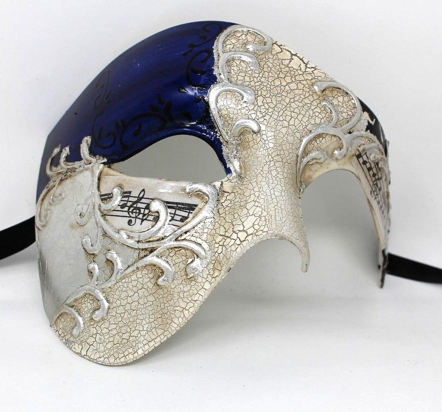 QUALITY BLUE & SILVER HALF FACE PHANTOM MUSICAL NOTES MASQUERADE MASK