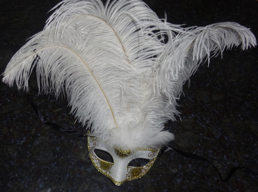 WHITE & GOLD VENETIAN MASQUERADE PARTY CARNIVAL BALL PROM EYE LONG FEATHER MASK