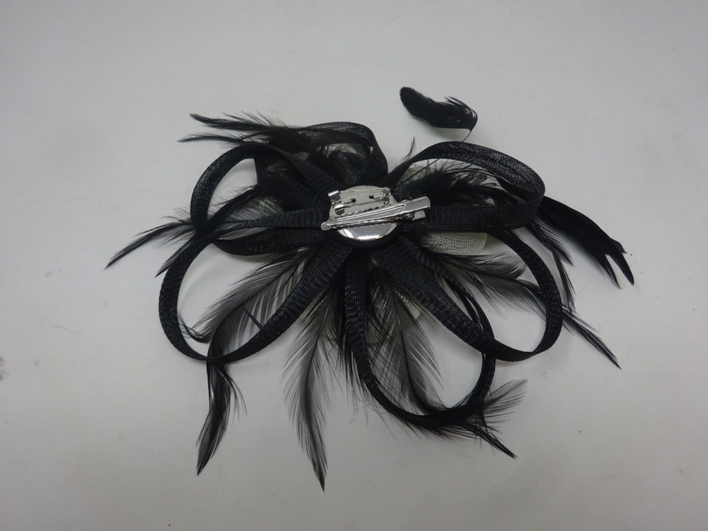 Hair Fascinator Corsage and Brooch Black & Ivory St iffened Net & Loops Feathers