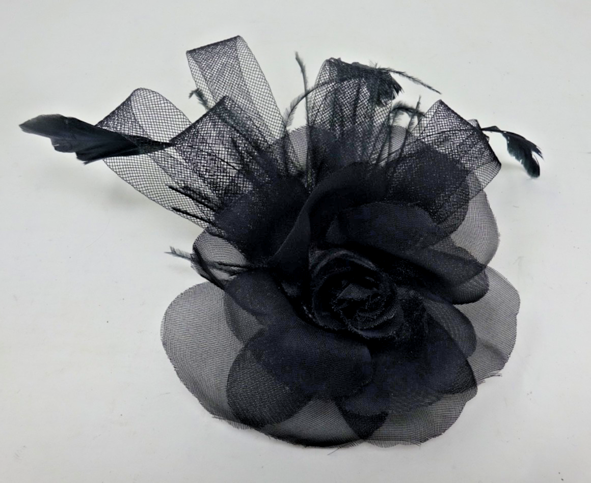 Hair Fascinator Corsage Brooch Black Feathers Looped Net Fabric and Rose Flower