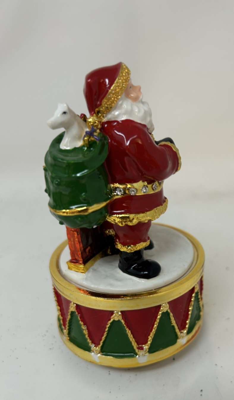 Christmas Musical Santa With Sack Ceramic Gold Plated Figurine Wind Up 12cm Tall