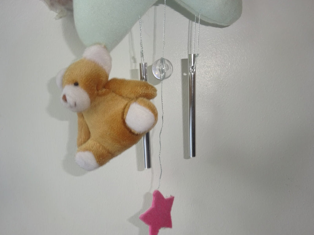 CHRISTENING NEW BORN GIFT BABY GIRL PORCELAIN DOLL HANGER STAR TEDDY & CHIMES