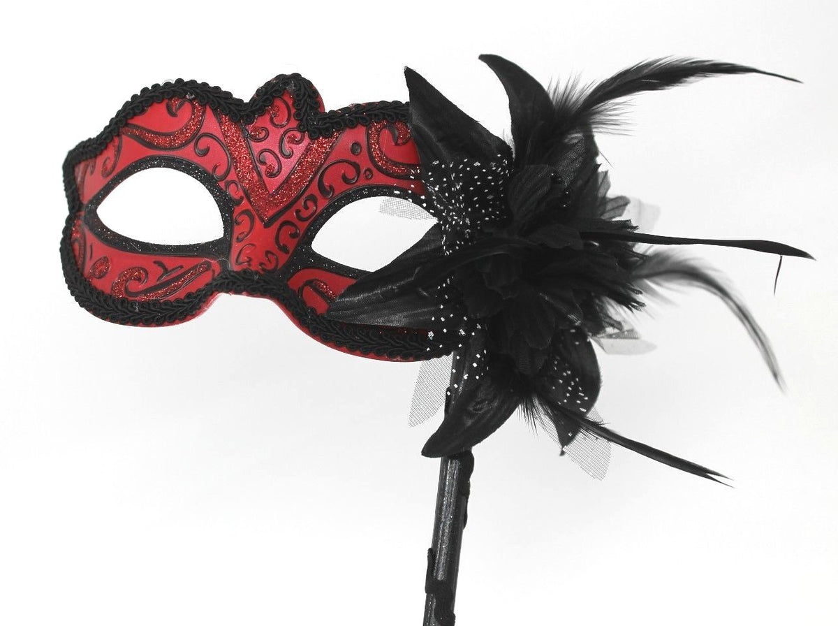 STUNNING BLACK & RED VENETIAN MASQUERADE PARTY BALL CARNIVAL MASK HAND STICK