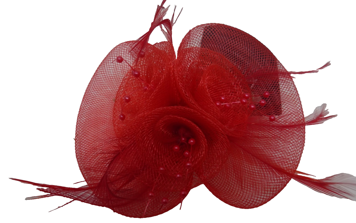 Red Corsage Brooch Fascinator Stiffened Net Floral Rosette Fine Feathers & Beads