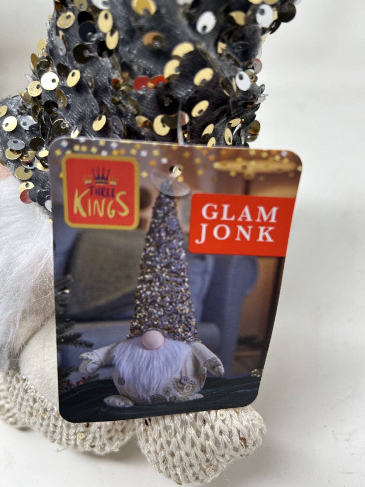 Christmas Freestanding Cream GlamJonk Gonk Nordic Gnome Sequin Long Hat 30cm