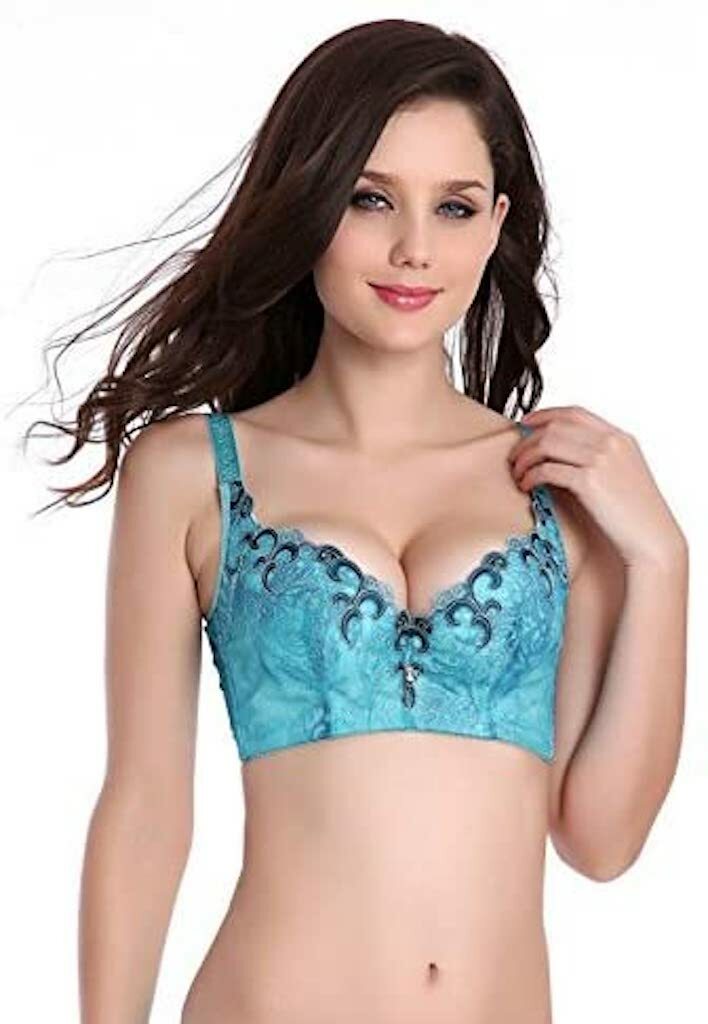Quality Sexy Push Up Padded Underwired Embroidered Bra Size 34C Blue/Green Teal