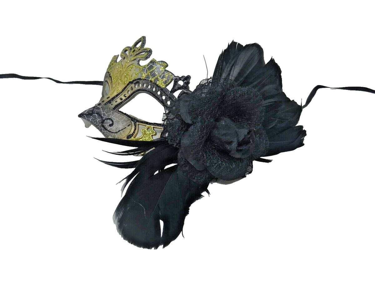 GOLD & BLACK RIALTO VENETIAN MASQUERADE PARTY CARNIVAL BALL EYE MASK WITH FLOWER