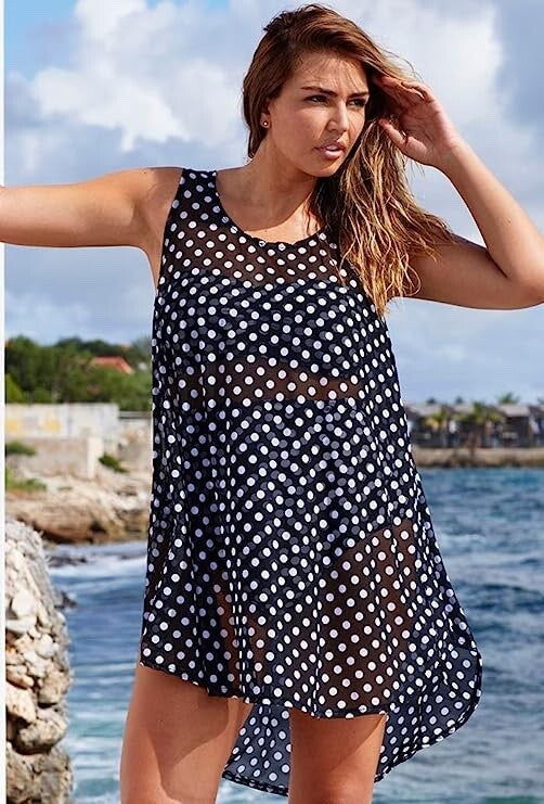 Black & White Polka Dot Chiffon Sleeveless Summer Dress Bikini Cover Up 10-12