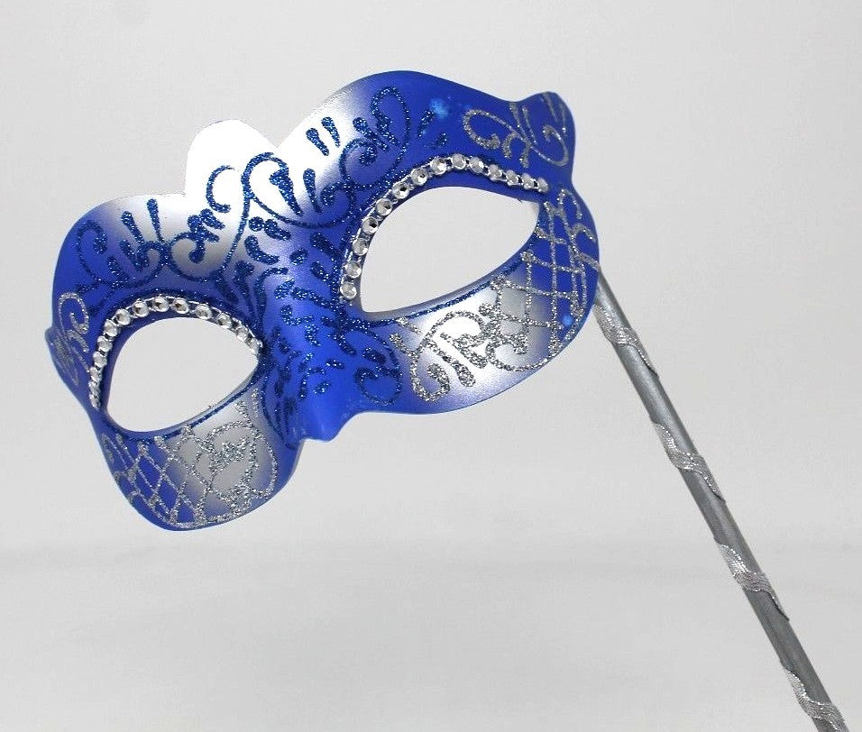 STUNNING BLUE & SILVER VENETIAN MASQUERADE PARTY EYE MASK ON A HAND HELD STICK