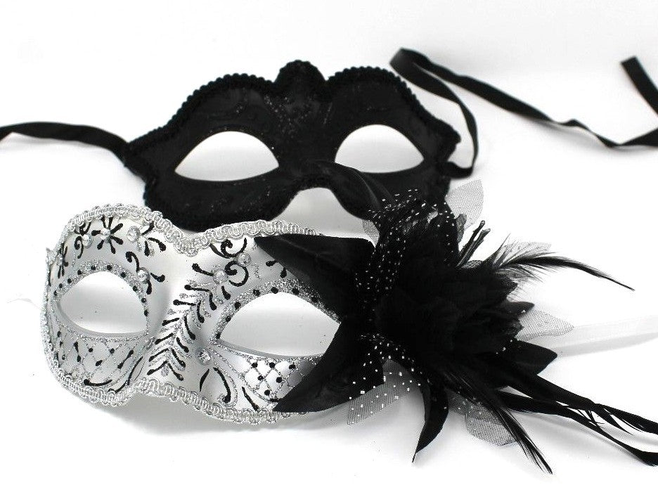 HIS N HERS PAIR COUPLES BLACK  AND SILVER VENETIAN MASQUERADE PARTY EYE MASKS
