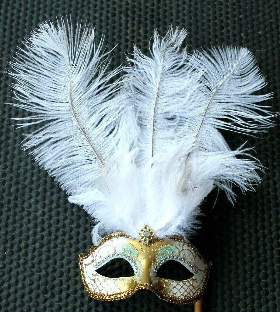 WHITE & GOLD VENETIAN MASQUERADE PARTY CARNIVAL BALL EYE FEATHER MASK HAND HELD