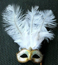 WHITE & GOLD VENETIAN MASQUERADE PARTY CARNIVAL BALL EYE FEATHER MASK HAND HELD