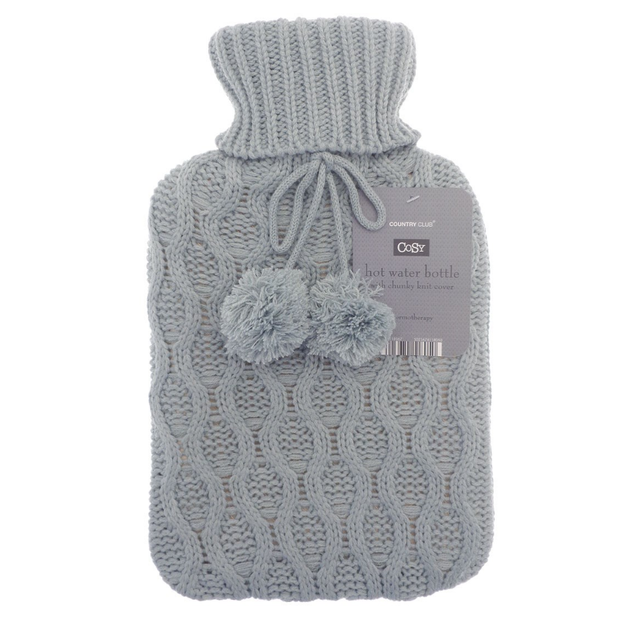 2 Litre Natural Rubber Hot Water Bottle Chunky Knit Cable Knitted Pom Pom Cover
