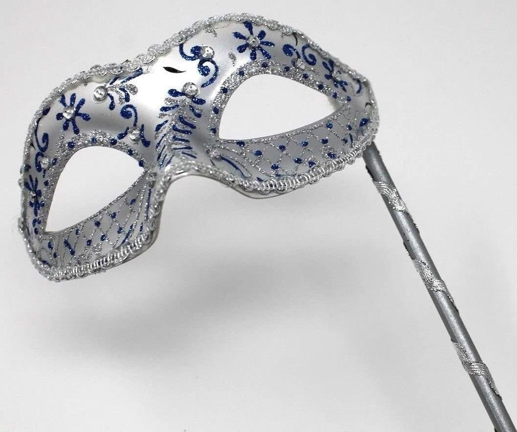 BLUE & SILVER JEWELLED VENETIAN MASQUERADE CARNIVAL BALL PARTY MASK ON A STICK