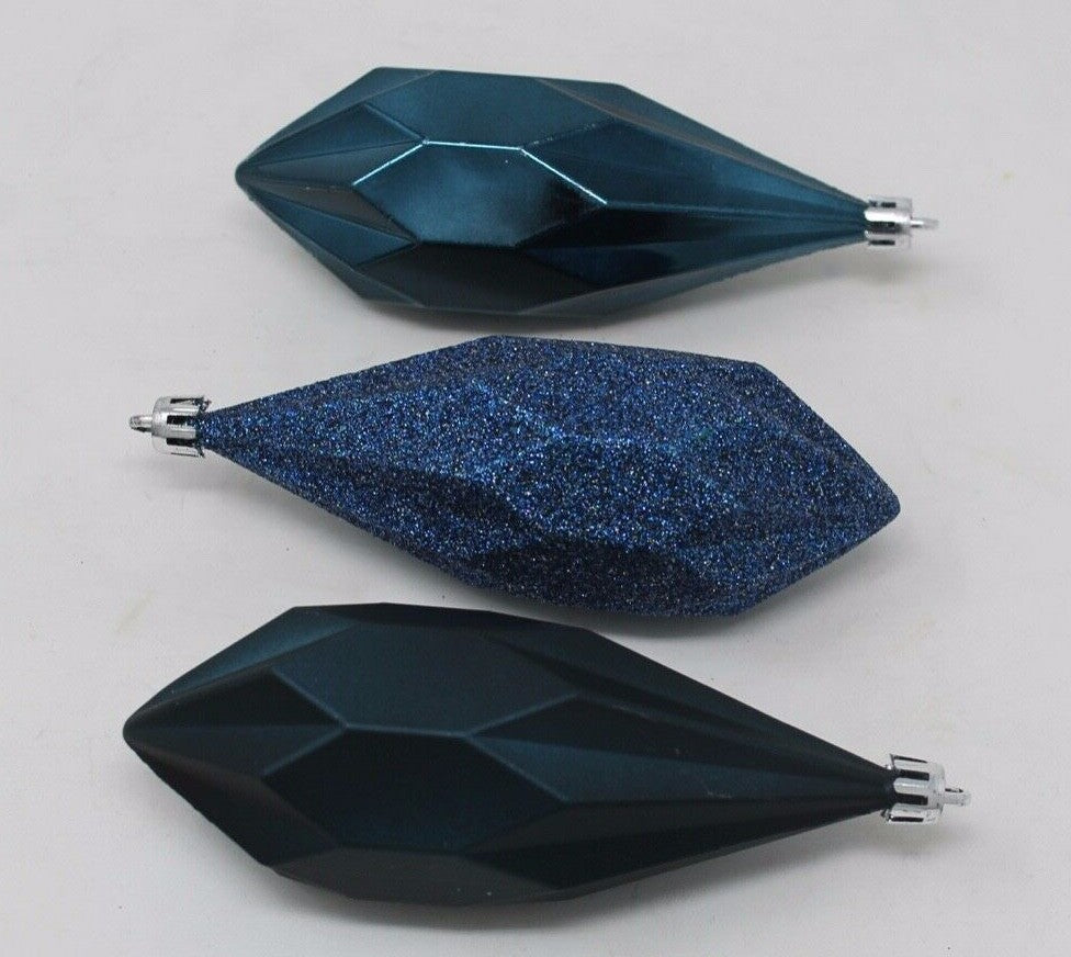 3 x Blue Christmas Baubles Tree Hanging Decoration Ornament Geometric 14cm Tall