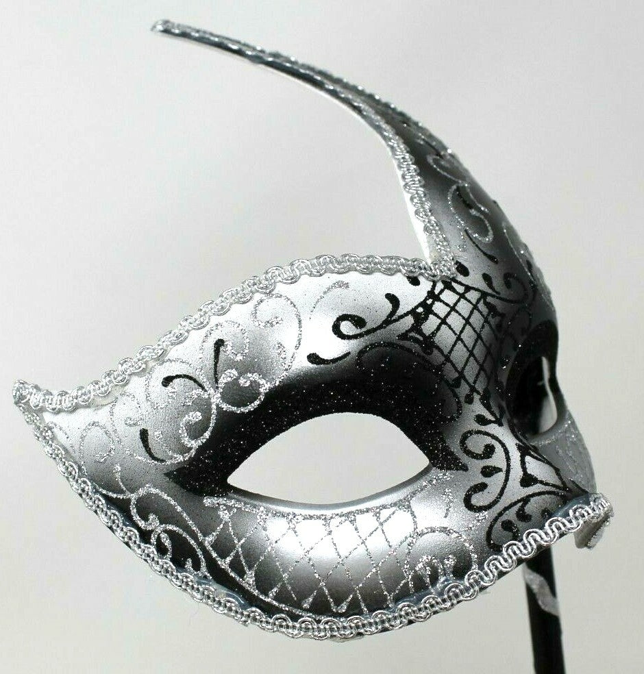 LADIES HAND HELD BLACK AND SILVER VENETIAN MASQUERADE BALL PARTY MASK ON STICK