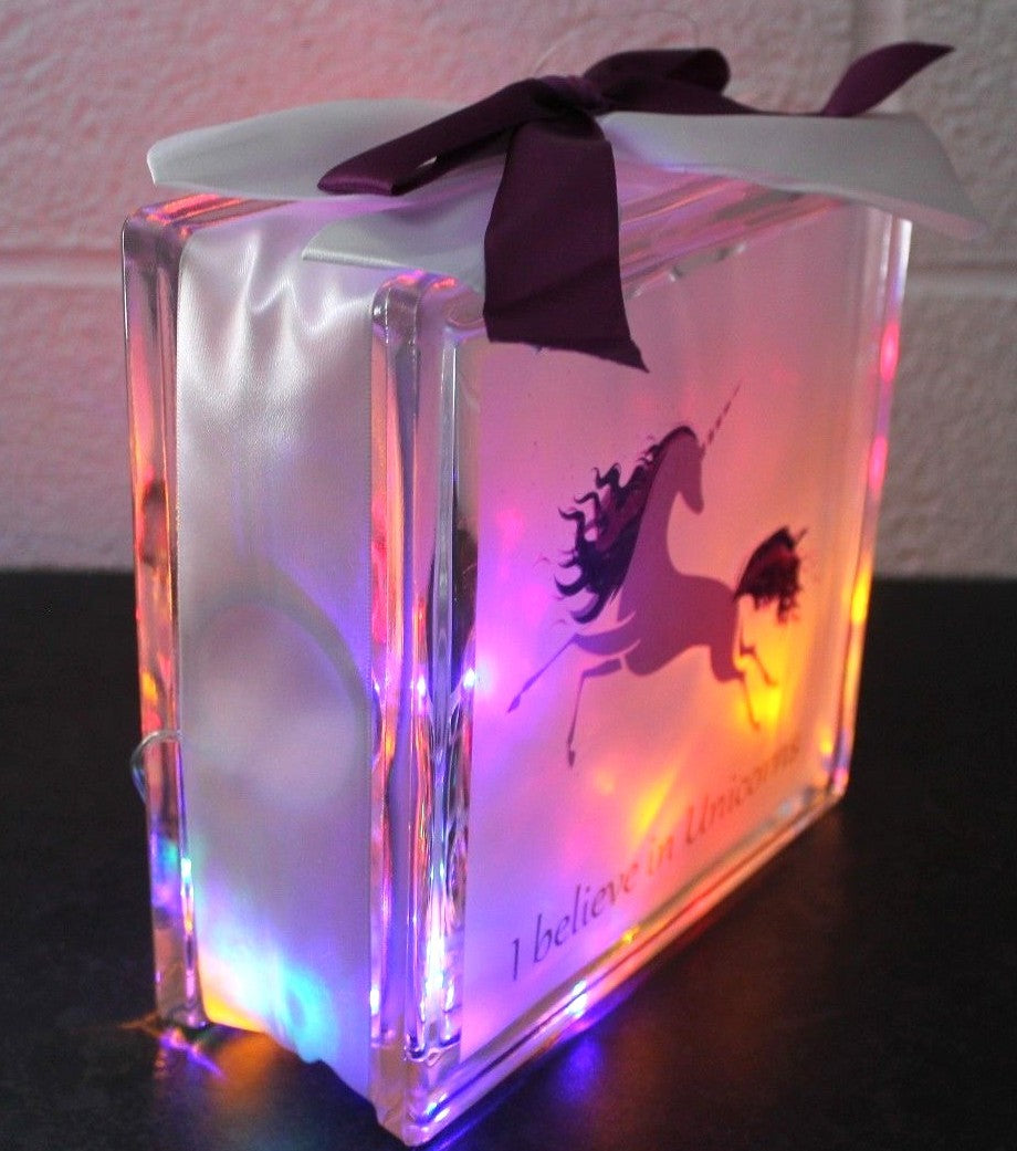 Heavy LED Unicorn Glass Light Up Block Lamp Night Light - I Believe In Unicorns