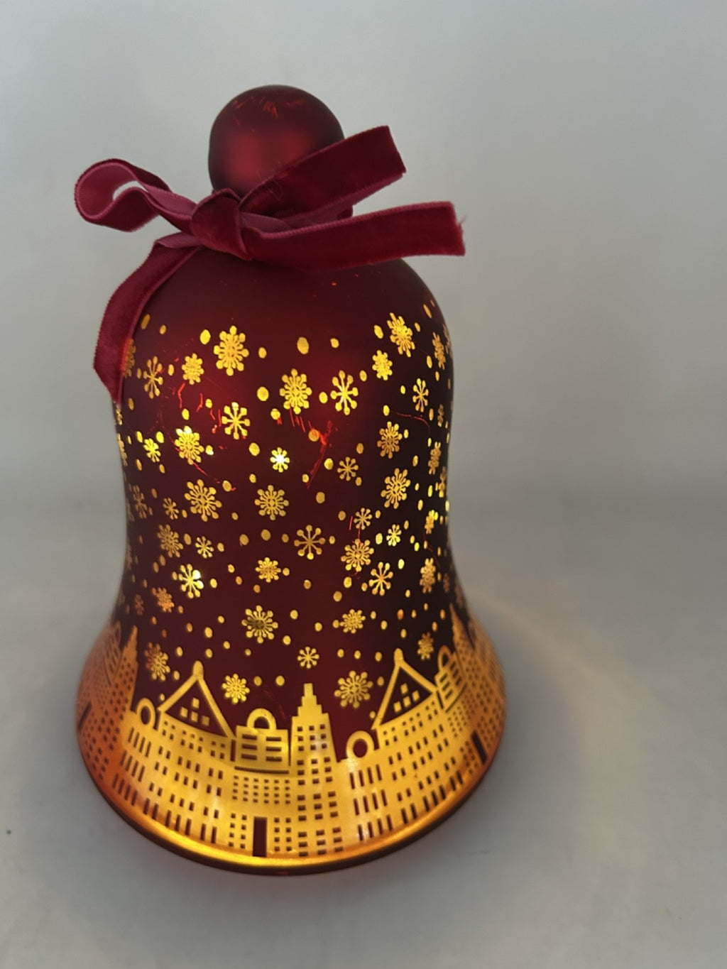 LED Light Up Christmas City Buildings & Snowflake Bell Ruby Red Glass 18cm Tall