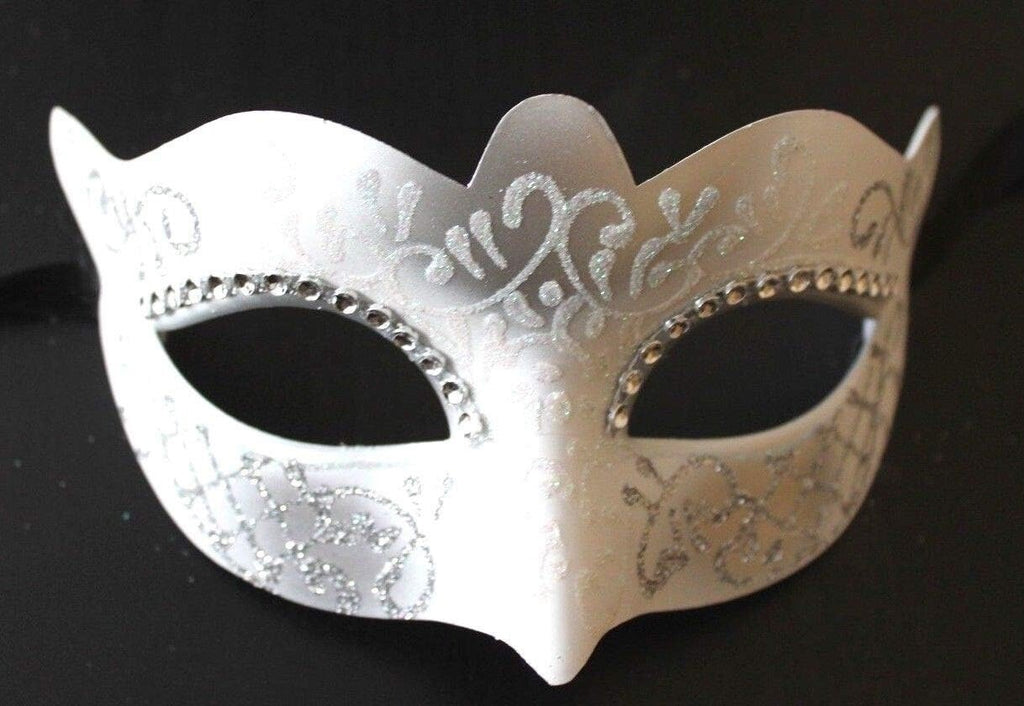 LADIES WHITE & SILVER VENETIAN MASQUERADE PARTY WEDDING BALL EYE MASK DIAMONTES