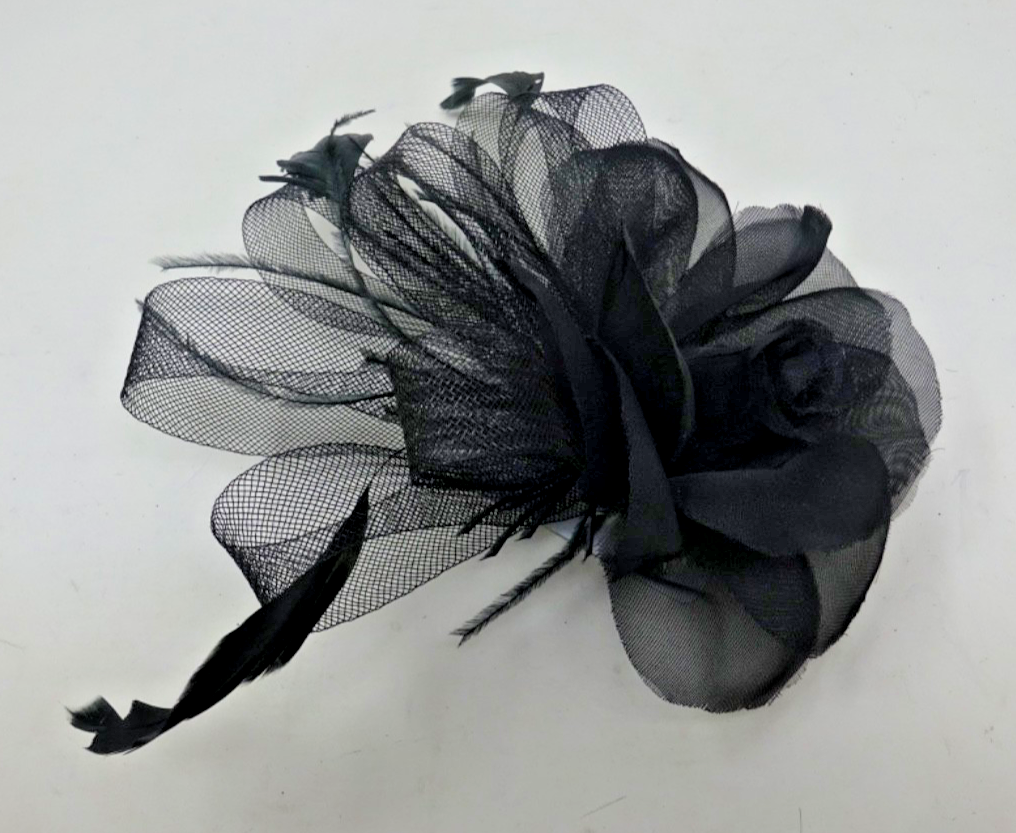 Hair Fascinator Corsage Brooch Black Feathers Looped Net Fabric and Rose Flower