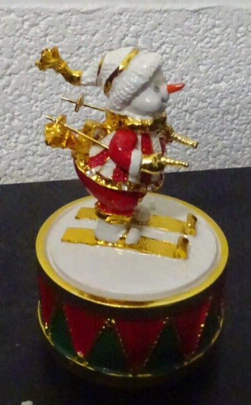 Christmas Musical Snowman Skiing Ceramic Gold Plated Figurine Wind Up 12cm Tall