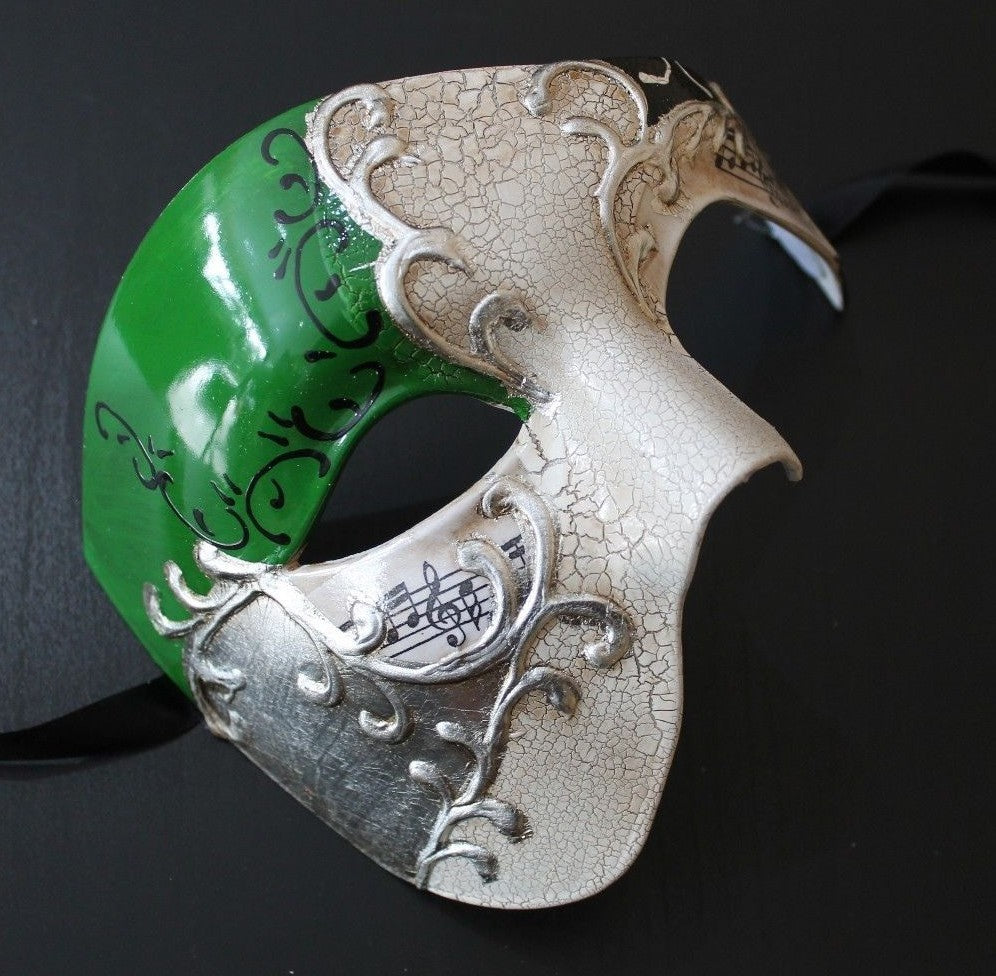 QUALITY GREEN & SILVER HALF FACE PHANTOM MUSICAL NOTES MASQUERADE MASK
