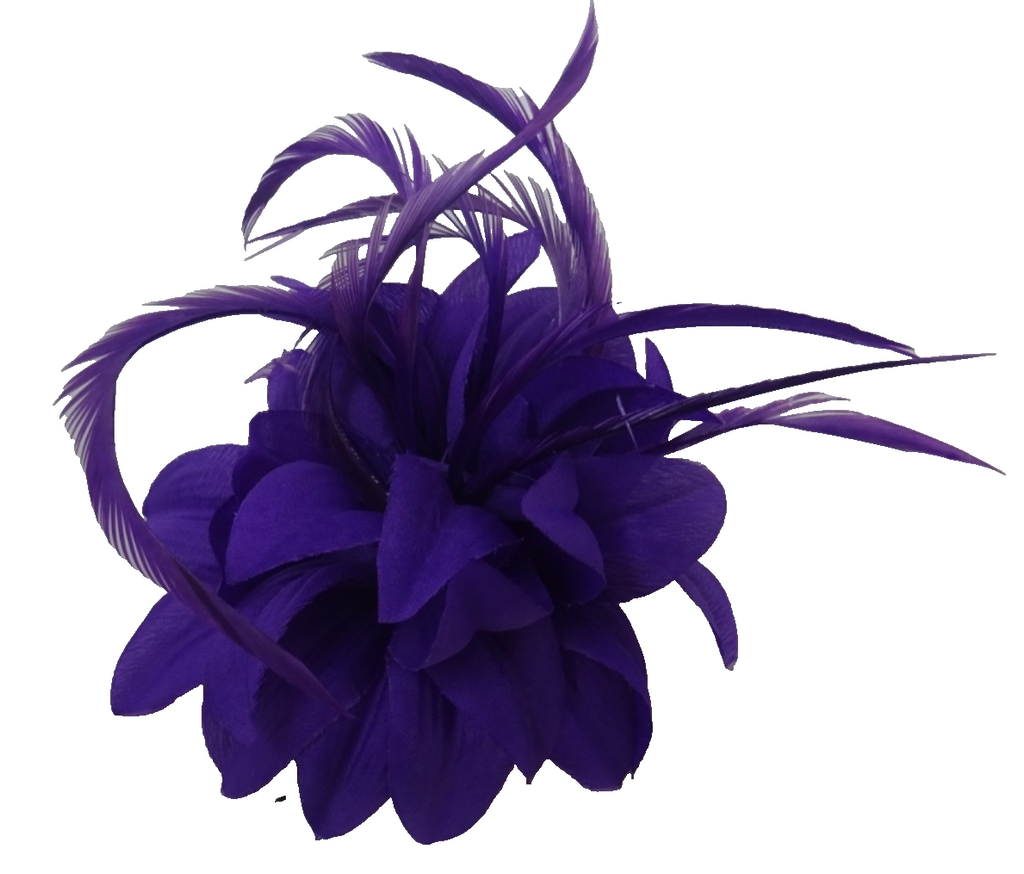 Purple Corsage Brooch Fascinator Fabric Petals with Long Slim Fine Feathers