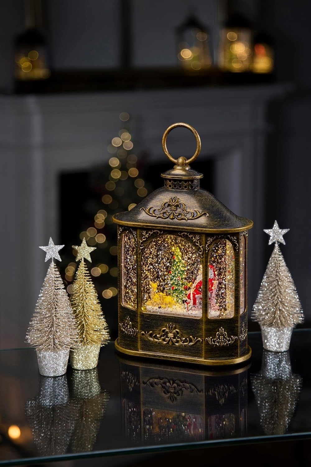 Father Christmas Santa & Tree Scene LED Glitter Water Spinner Lantern 21cm Tall
