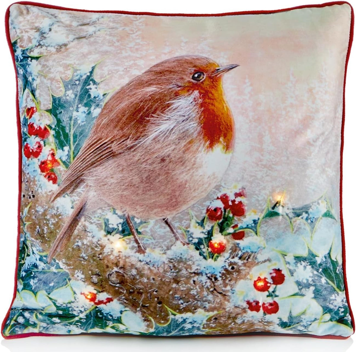 Large Winter Robin & Holly Christmas Festive LED Light Up Cushion & Insert 45cm