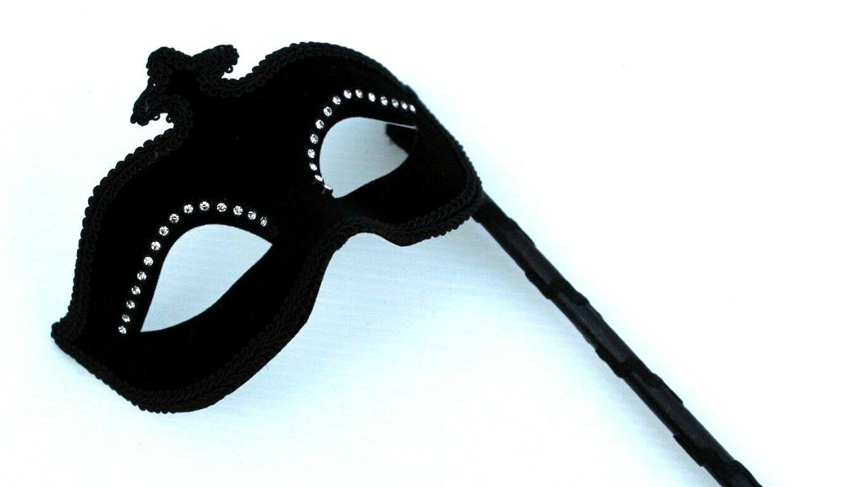 Black Velvet Jewelled Venetian Masquerade Party Carnival Eye Ball Mask on Stick