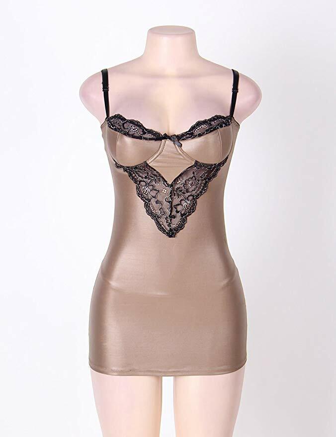 Stunning Womens Sexy Faux Leather Brown Babydoll Chemise Negligee & Thong Size 8