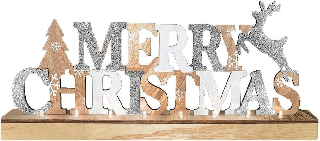 Merry Christmas 8 LED Light Up Freestanding Wooden Sign 45cm long Silver Glitter