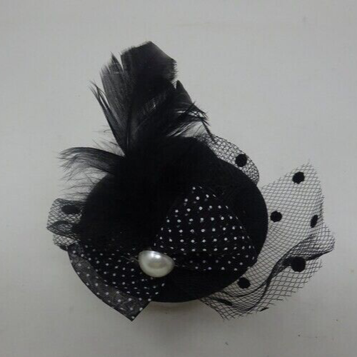 Small Black Hat Design Fascinator with Clip Fastening Spotted Bow Feather& Pearl