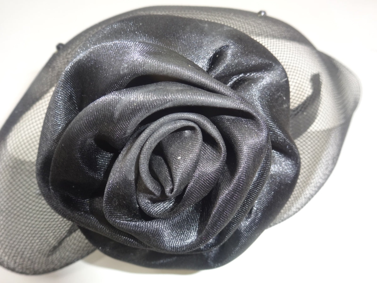 Black Hair Fascinator on Plastic Aliceband Headband Fabric Flower & Spotted Net