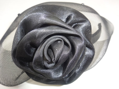 Black Hair Fascinator on Plastic Aliceband Headband Fabric Flower & Spotted Net
