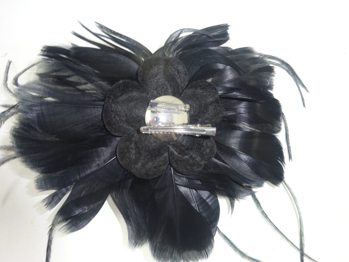 Hair Fascinator Corsage & Brooch Black Feather Petals & Beaded Centre- Funeral