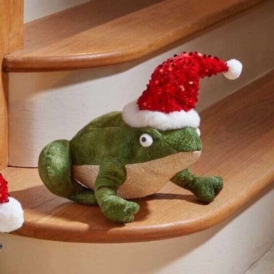 Large Soft Plush Festive Frog with Sequin Christmas Hat 22cm Tall Freestanding