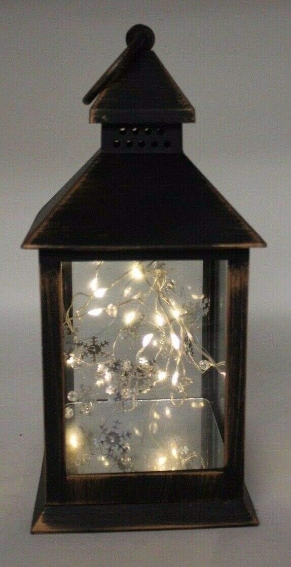 Rustic Black White or Bronze Lantern with Internal LED Light String 27cm Tall